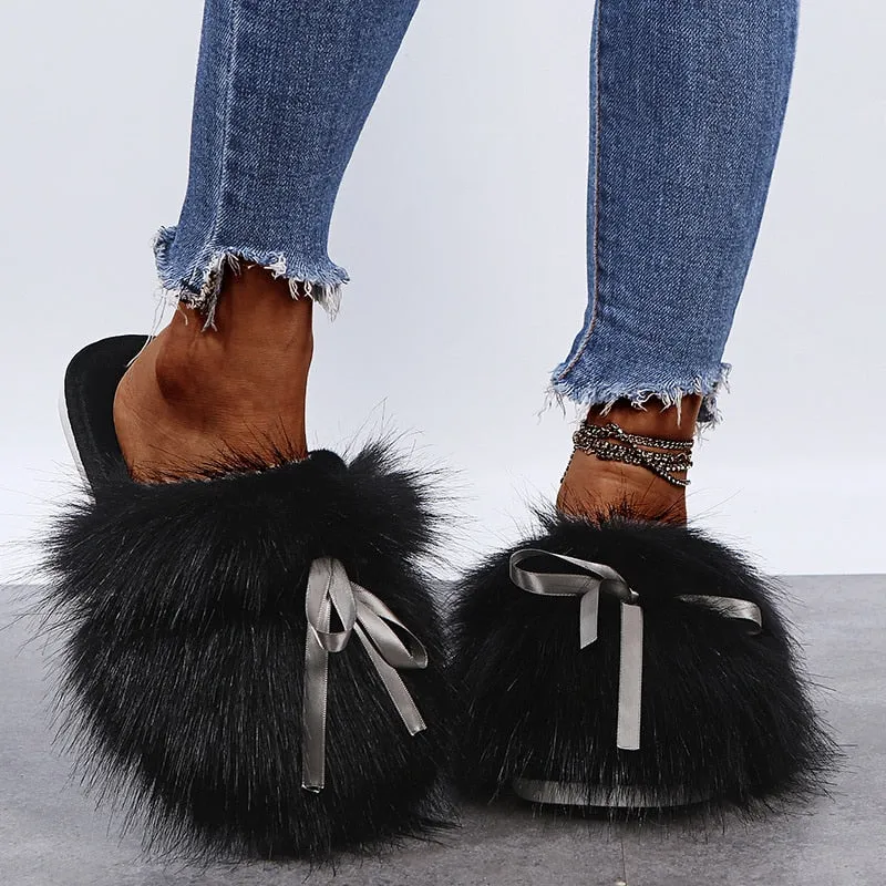 Women's Luxury Summer Fluffy Fur Flat Slides Slippers with Warm Flops