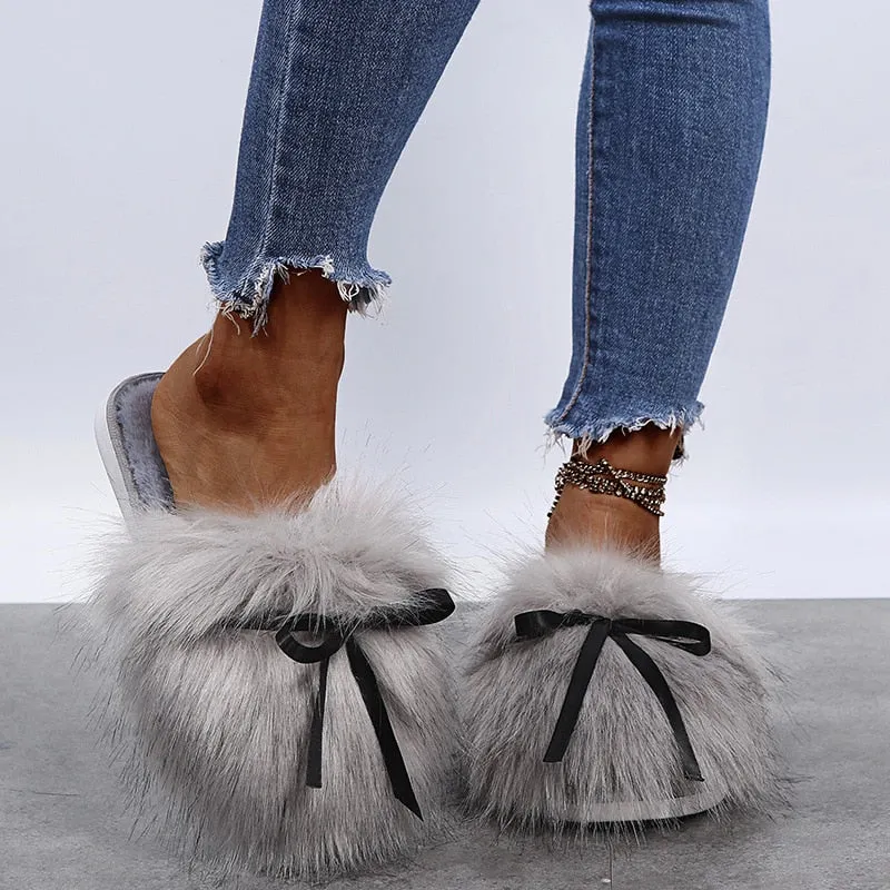 Women's Luxury Summer Fluffy Fur Flat Slides Slippers with Warm Flops