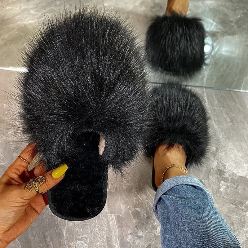 Women's Luxury Summer Fluffy Fur Flat Slides Slippers with Warm Flops