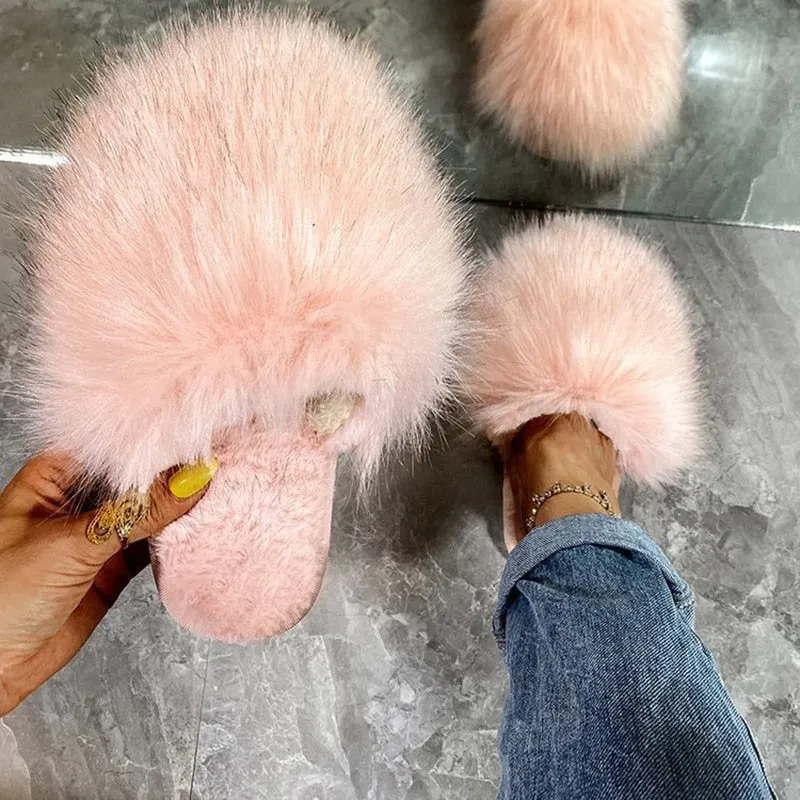 Women's Luxury Summer Fluffy Fur Flat Slides Slippers with Warm Flops