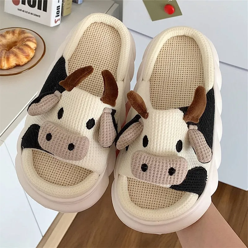 Women's Winter Embroider Cartoon Pattern Flat Heel House Slippers