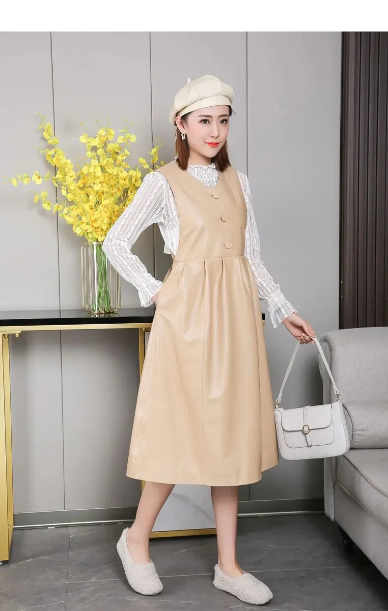 Women's Winter Genuine Leather Oversized Slim A-line Knee Vest Dress